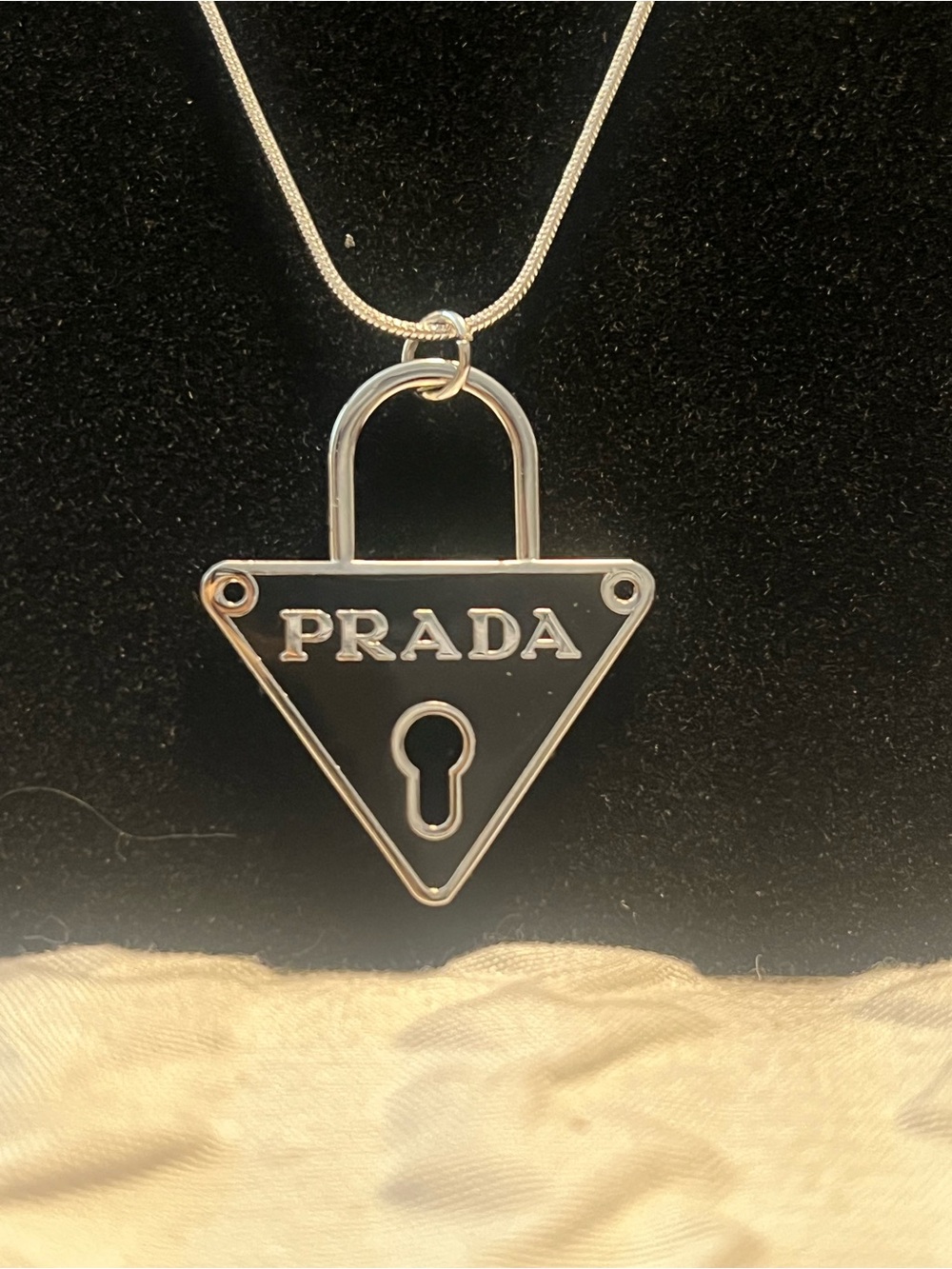 100% Authentic Prada Symbole Black Sterling Silver 925 Padlock Pendant Necklace